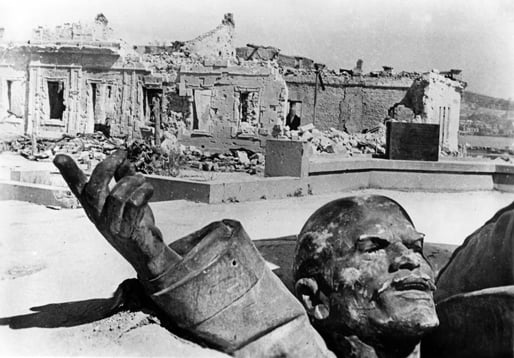 A destroyed monument of Lenin lies in the ruins of Sevastopol. 1942.