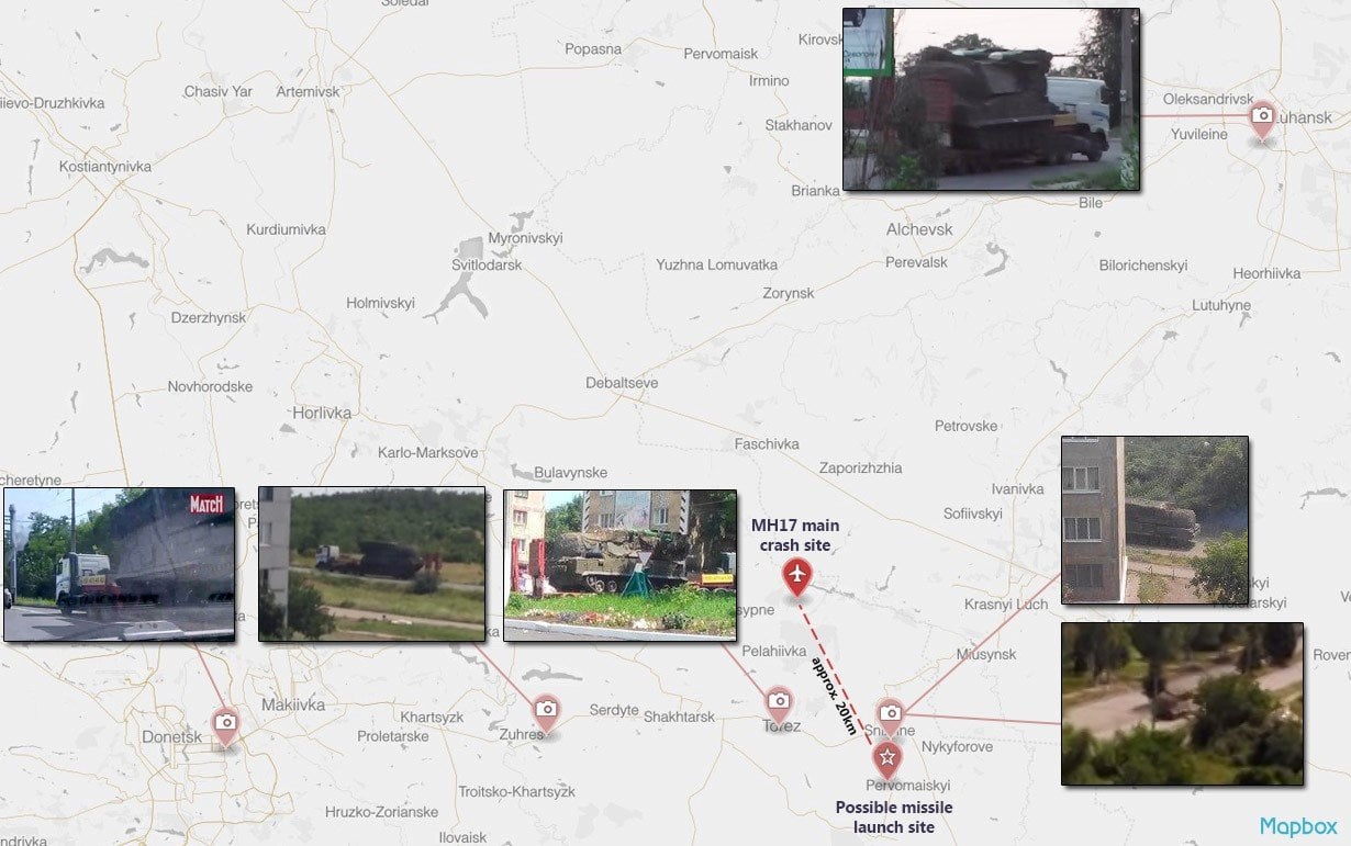 Map of the six sightings of a Buk missile launcher on July 17 and 18 in separatist-controlled territories of eastern Ukraine.