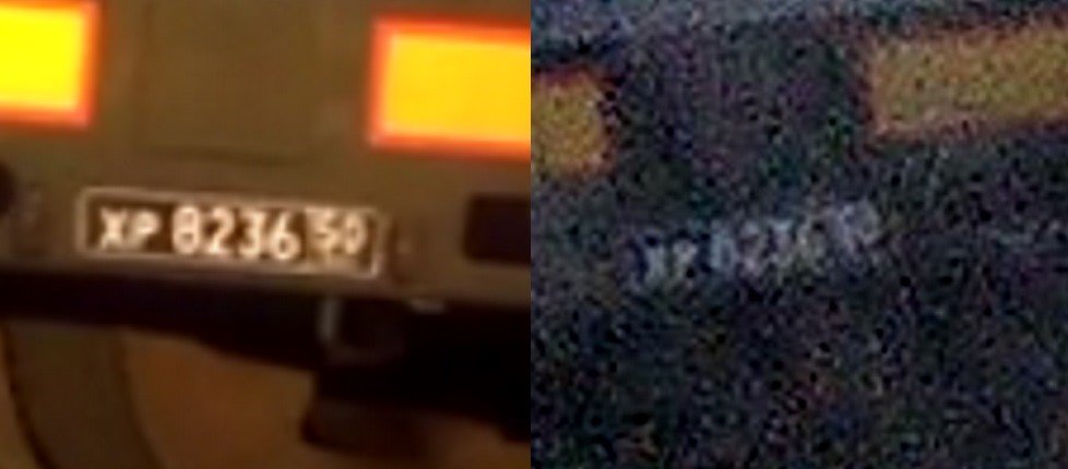 Left, number plate XP 8236 50 in the June convoy. Right, the same number plate in Vasily Ilyin’s June 25th photograph.