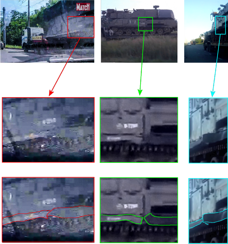 Left, the Paris Match photograph from Donetsk showing side skirt damage on Buk Middle, screenshot from footage in Stary Oskol showing side skirt damage on Buk 3×2 Right, screenshot from footage in Stary Oskol showing side skirt damage on Buk 3×2.
