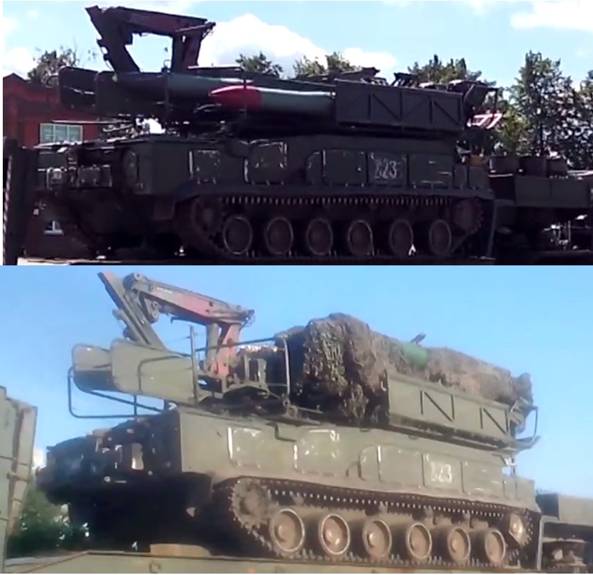 Top, the Buk missile loader in June. Bottom, the same vehicle on July 20th in Kamensk-Shakhtinsky.