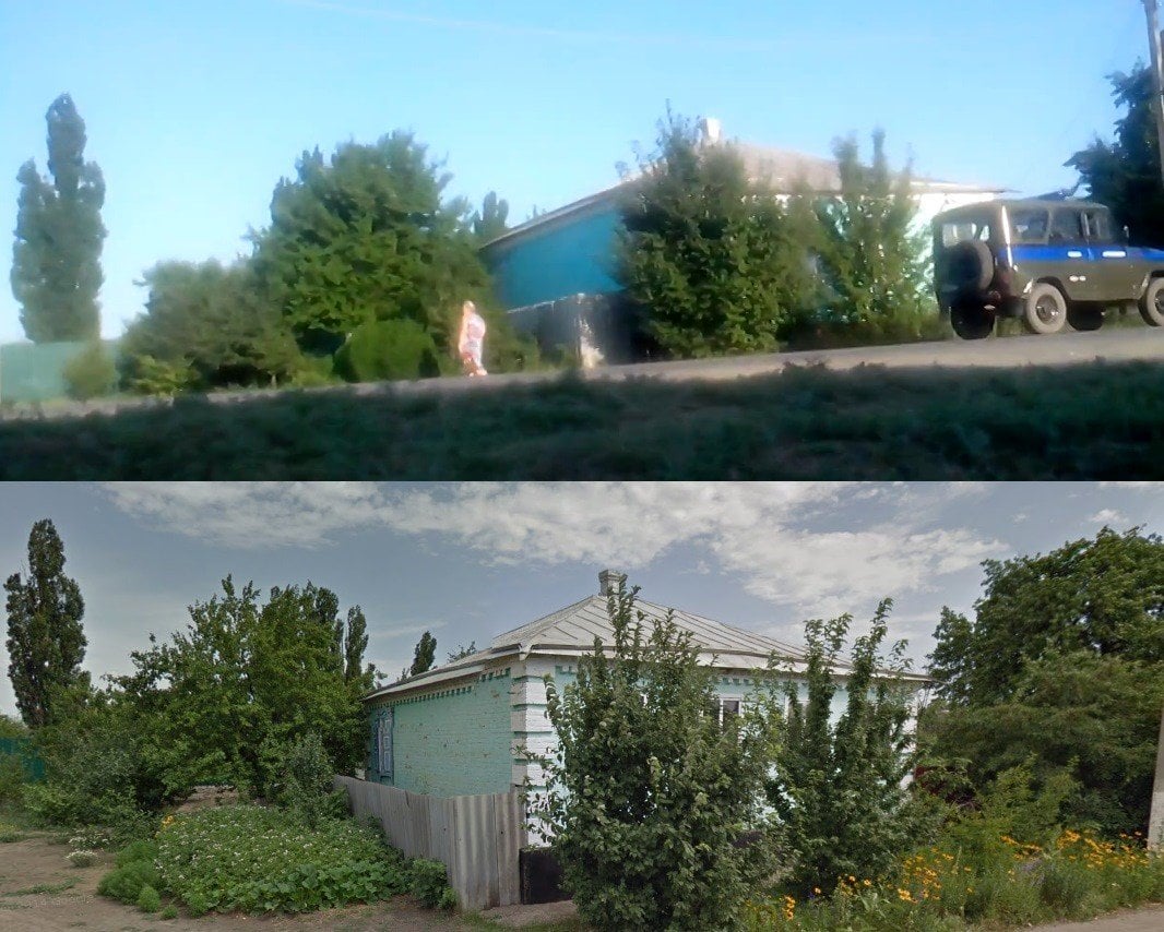 Top, a screenshot from the July 20th video in Kamensk-Shakhtinsky. Bottom, the same location on Google Street View.