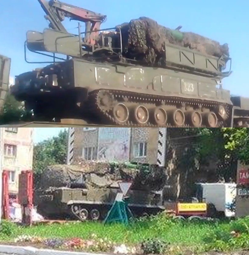 Top, a screenshot from the July 20th video in Kamensk-Shakhtinsky. Bottom, the photograph of the Buk missile launcher seen in Torez on July 17th.