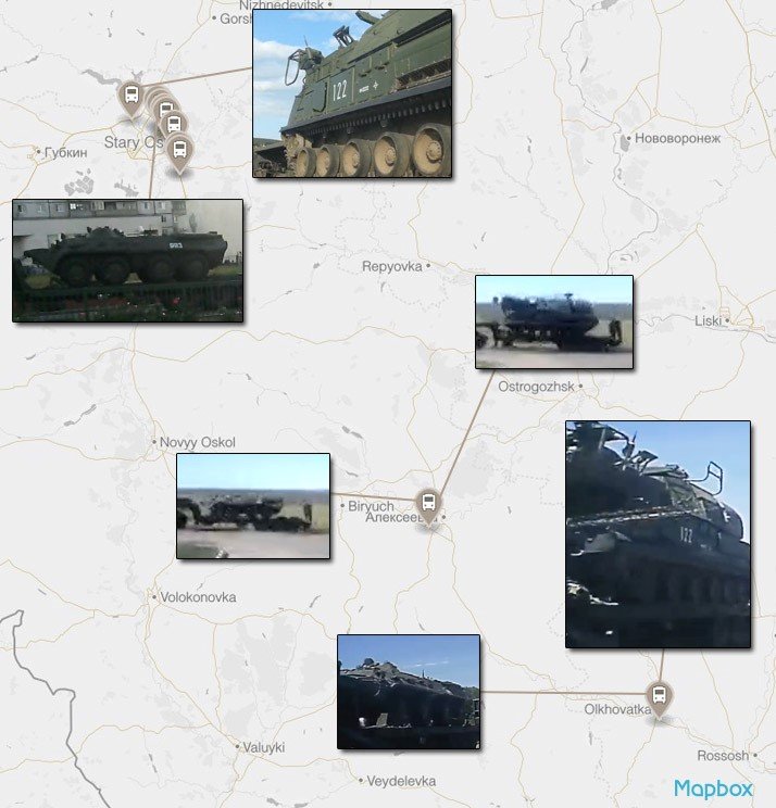 A map showing the route of the July convoy from Stary Oskol to Olkhovatka. Each point designates a confirmed sighting of the convoy through videos uploaded on social media.
