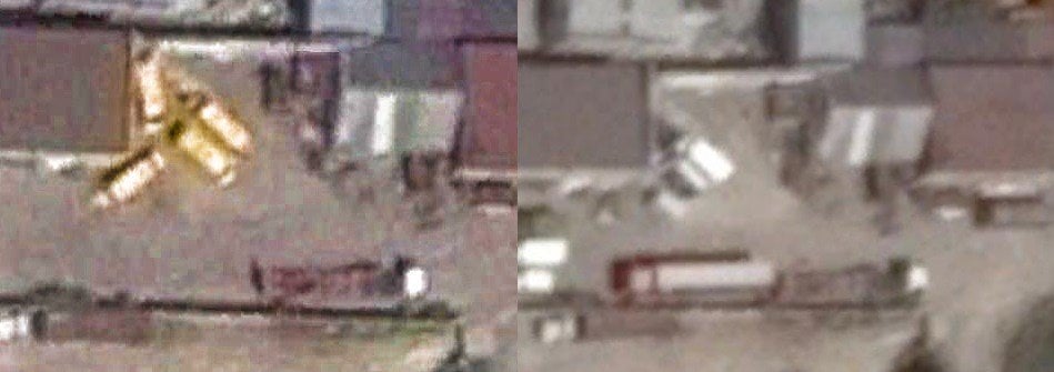Left, Google Earth satellite map imagery of the low-loader at vehicle rental site on July 24, 2014 Right, Google Earth satellite map imagery of the low-loader at same location on August 9, 2014