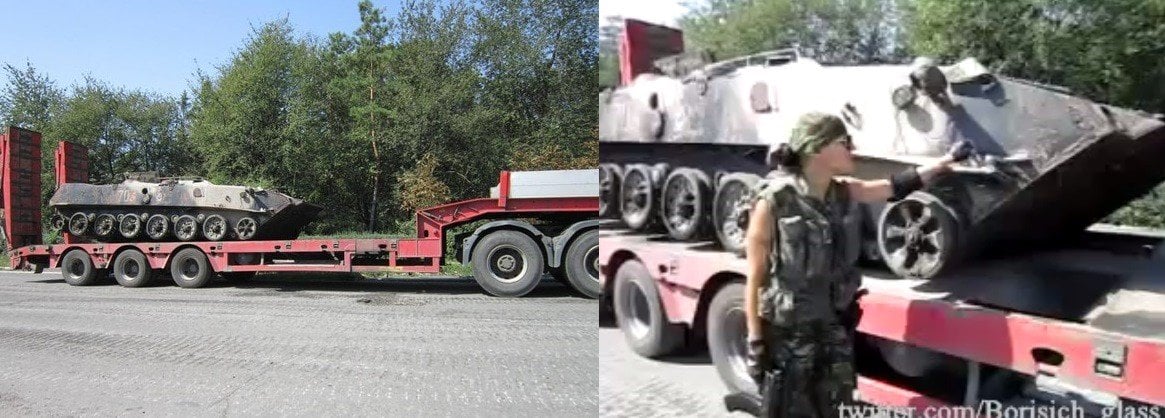 Left, photograph of the low-loader truck from August 26, 2014. Right, screenshot from footage of the same low-loader truck filmed by separatists on August 26.