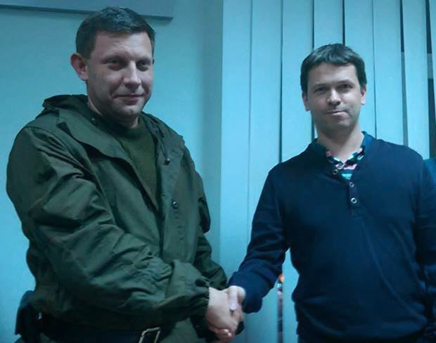 (left to right ) The leader of the DNR terrorists Aleksandr Zakharchenko and Fabrice Beaur (EODE / extreme right Parti communautaire national-européen), 1 November 2014, Donetsk