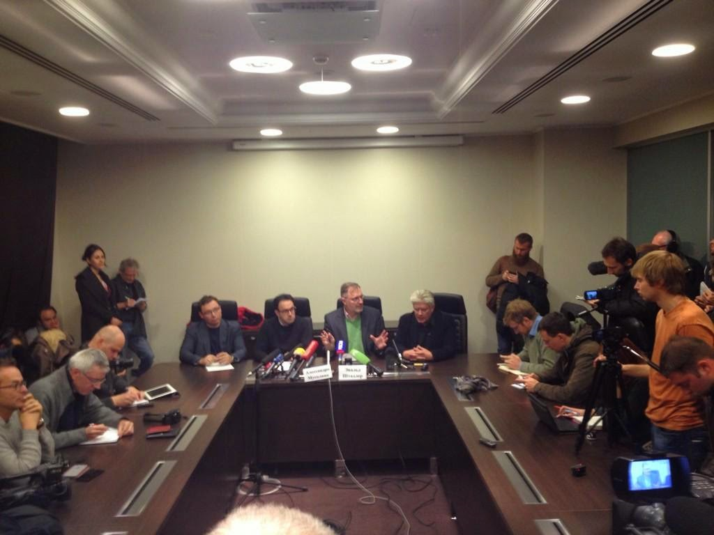 The press conference of the international "observers" in Donbass, 1 November 2014. Second from the left is Alessandro Musolino, third is Ewald Stadler. Photo by Alec Luhn