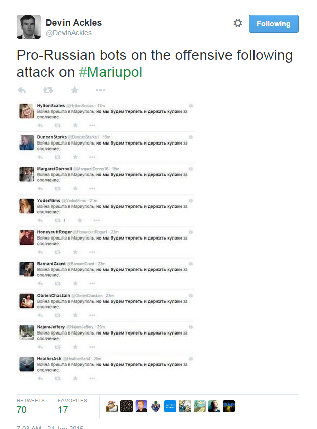 Devin Ackles on Twitter   Pro Russian bots on the offensive following attack on  Mariupol http   t.co AiH95Dp1wb