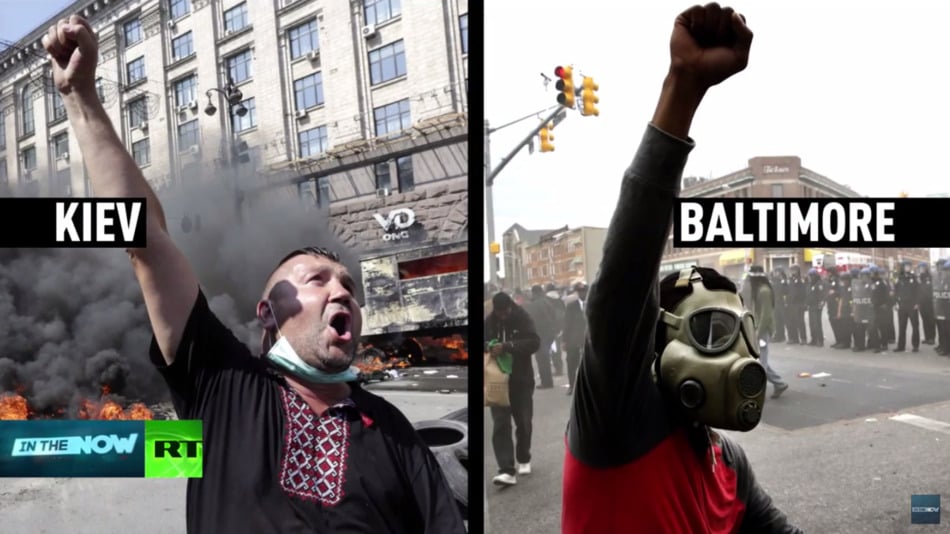 A screenshot from In The Now, a a program on Russia's state-sponsored RT network, shows a protester in Kiev in winter 2014 beside one in Baltimore on Monday, April 27, 2015.