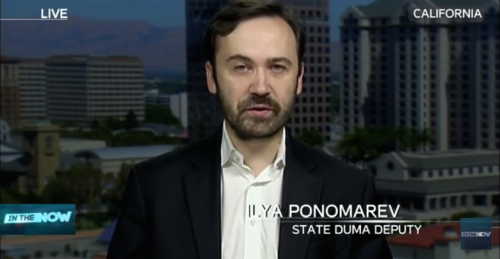 Screenshot of Ilya Ponomarev in his latest appearance on RT (April 16) to discuss Putin’s annual Q&A 