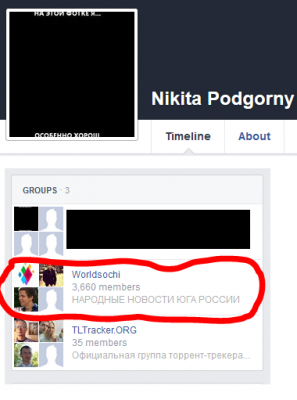 Членство Никиты Подгорного в группе Worldsochi в Фэйсбуке.