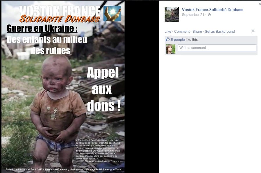 Скриншот на социалната група Vostok France-Solidarité Donbass