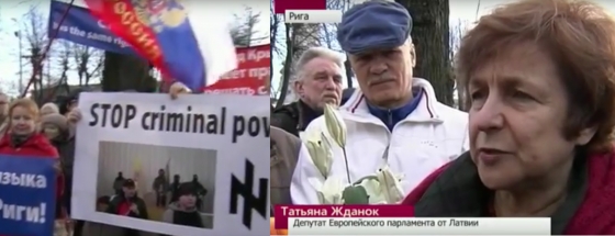 A protest in Riga in March 2014 when “the little green men” or masked Russia's army with the support of local separatists took over the Crimea, which later held a referendum on joining Russia. Latvia’s MEP, a founder of the Kremlin-backed Human Rights Committee (HRC) Tatjana Zdanoka stands in the first row with her supporters under the Russian flag and a banner “A guarantee to the Russian language from Sevastopol to Riga” .PHOTO: 1tv.ru