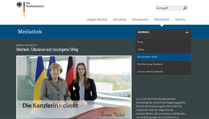 Скриншот на сайта на германския канцлер Ангела Меркел