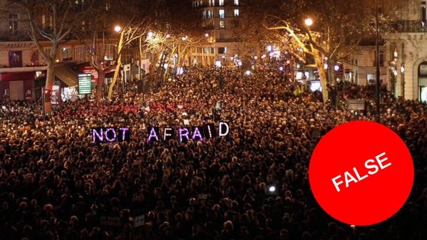 This picture, without the ‘False’ stamp, was shared widely on Twitter on the night of the recent attacks in Paris but was in fact from January’s attack on Charlie Hebdo