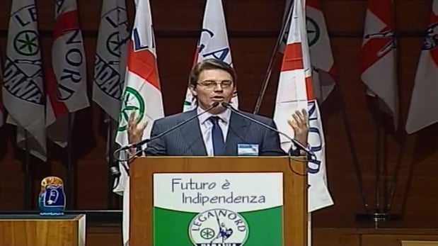 Alexey Komov addresses the congress of Lega Nord, December 2013, Rome