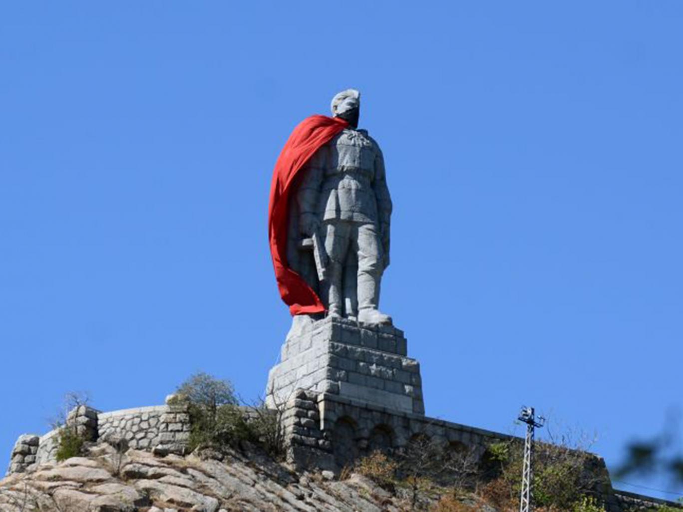 A 10.5-meter high monument of a Soviet soldier draped with a red cloak in the Bulgarian city of Plovdiv Getty