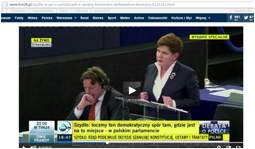 Beata Szydlo al frente del Parlamento Europeo (TVN24)