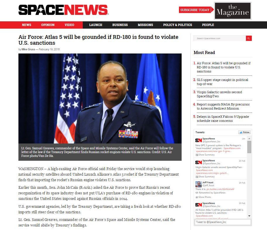 Скриншот на сайта SpaceNews