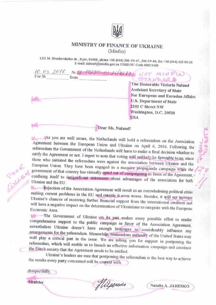 Забележките на Наталия Яреско към документа (с розов цвят)