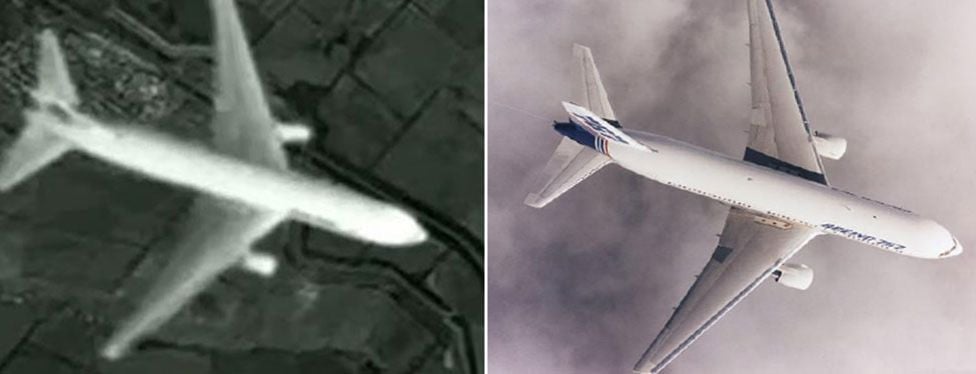 Channel One. Some bloggers have also pointed out that the plane in the Russian satellite photo is a different model from MH17 (a Boeing 777-200) and looks much more like a Boeing 767 (pictured right) suggesting the photograph was doctored 