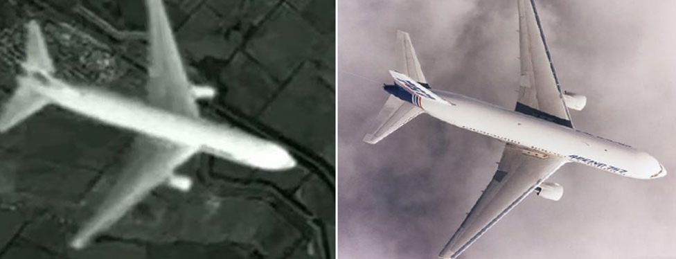Channel One. Some bloggers have also pointed out that the plane in the Russian satellite photo is a different model from MH17 (a Boeing 777-200) and looks much more like a Boeing 767 (pictured right) suggesting the photograph was doctored