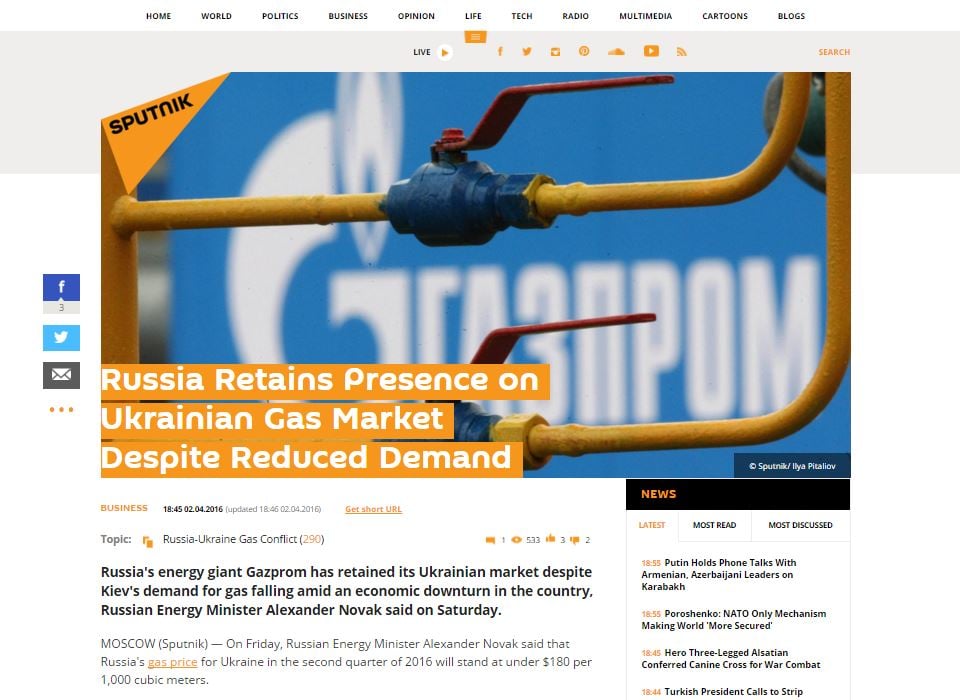 Website screenshot Sputnik