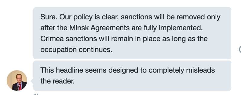 Скриншот на отговора на представителя на посолството на САЩ в РФ в Twitter