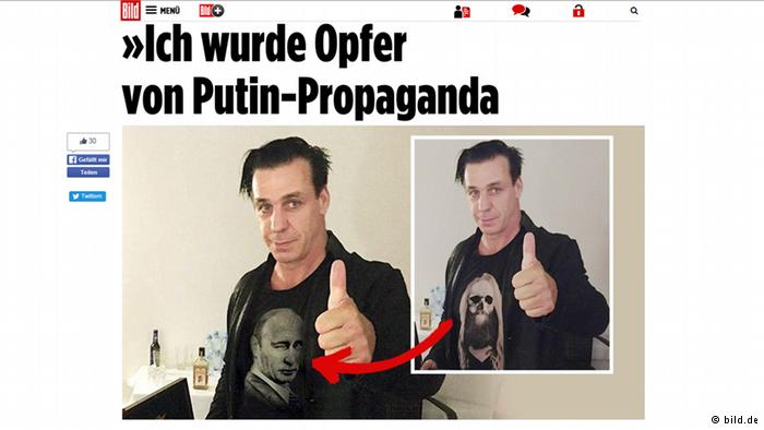 Скриншот газеты Bild: настоящая футболка и фейковая с портретом Путина