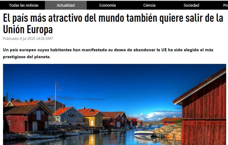 Скриншот на RT на испански с новината "Най-привлекателната страна в света също иска да излезе от ЕС" 
