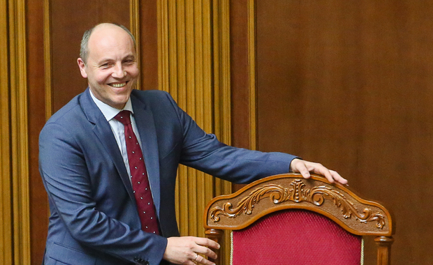 Andriy Parubiy, newly appointment chair of the Ukrainian parliament, smiles during a parliamentary session in Kyiv on April 14. Photo by Volodymyr Petrov