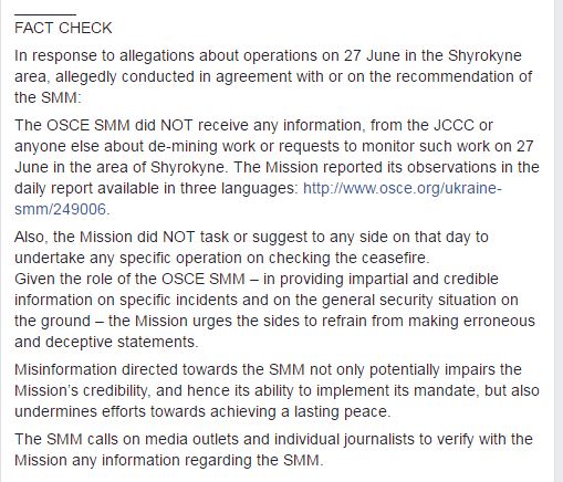 El mensaje por la misión de la OSCE en su página de Facebook