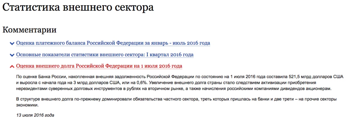 Los datos sobre la deida de Rusia el 1 de julio de 2016, cbr.ru