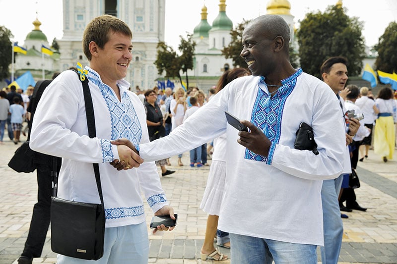 People wearing vyshyvankas, traditional Ukrainian embroidered shirts, take part in a Vyshyvanka March marking the Independence Day of Ukraine in Kyiv on Aug. 24, 2014. (Kostyantyn Chernichkin)