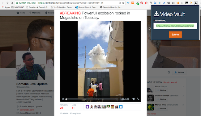Archiving this video allegedly featuring footage from a bombing in Mogadishu is a quick process with the Video Vault browser plugin