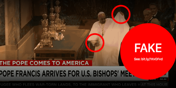 Example debunk mack-up — This example, invented for discussion purpose only, shows a static image with multiple layers of caution embedded in the image: the darkened gradients added to the top and bottom, the fake status stamp. A shortened link is integrated into the composite image text for full attribution even when the image is reposted on other networks without the context of the original verification work. Red annotations help make it viscerally clear that something is wrong with this image