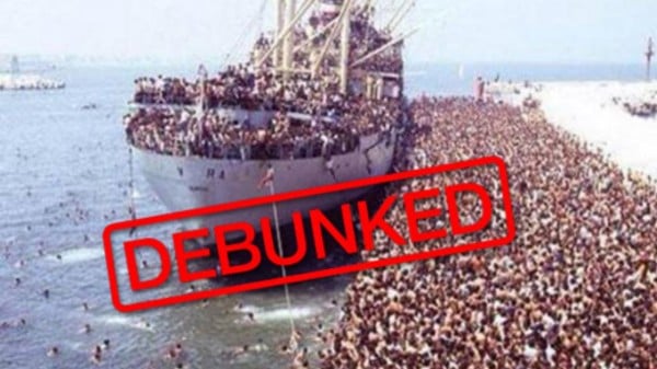 France24 uses a debunk stamp effectively. Vice, the Huffington Post and the BBC also used debunking recently in support of refugees — unfortunately they often recirculate hoax imagery without any modification or visual “hedging”