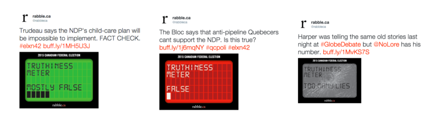 Rabble.ca’s political scale — The broken screen is a good joke. But why does it look like a pager from the 1990s? Why is the “mostly false” rating green?