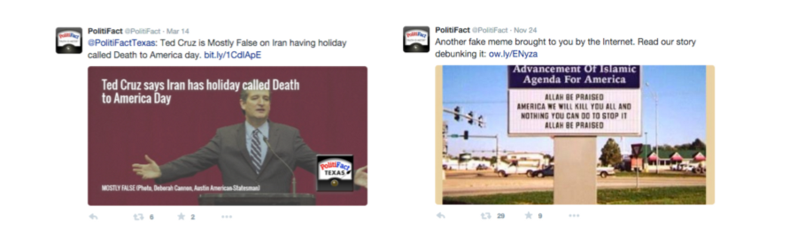 Left: The debunk label “MOSTLY FALSE” is too small and seems contradicted by “Politifact Texas” logo which point to the true side of the Truth-O-Meter. Right: the Photoshopped image was re-shared without composite text in the image — that means the image appears without a debunk headline in media collection views that don’t show Tweet text