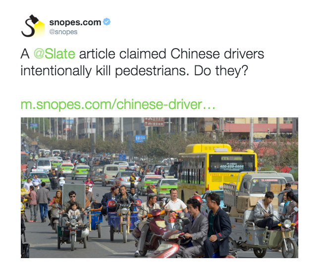 You won’t believe what happened next — Snopes has perhaps taken their game a bit too far. This kind of clickbaity ‘curiosity gap’ headline-writing technique is inappropriate for debunks, especially when they concern myths about sociocultural stereotypes. The unattributed image doesn’t add much information