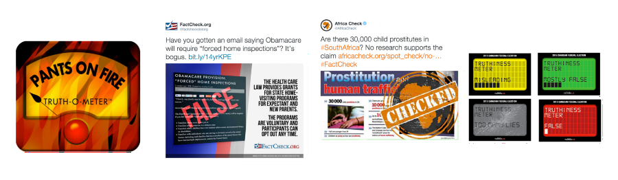 Collection of political visuals — A satisfying visual vocabulary seems to include symbols of official or impartial judgments (a polygraph, a meter, stamp, or readout) but barbed with humor. Visual meters that represent systematic fact-checking scales are used by 80 per cent of political fact-checking projects. Some systems are more consistent and usable than others. Learning about these user interfaces is needed from usability testing, academic reviews, and design efforts. (From left to right: PolitiFact, Factcheck.org, Africacheck, Rabble.ca)