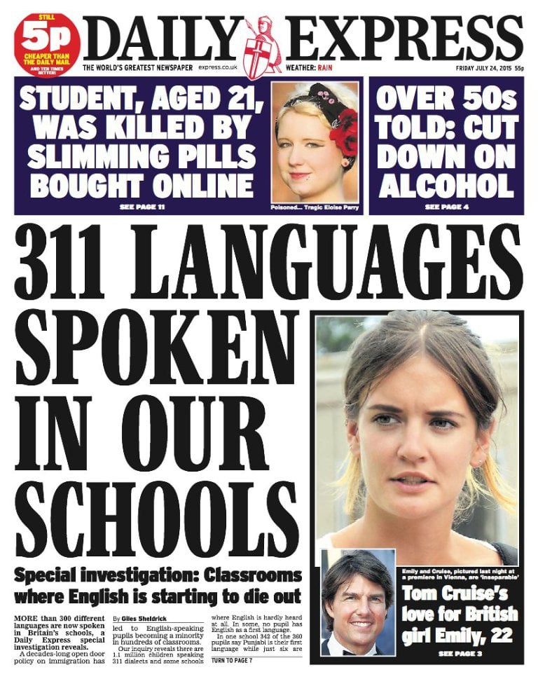 Daily Express front page story on English dying out was subsequently retracted