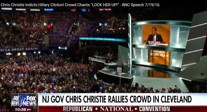 Chris Christie “indicts” Hillary Clinton in his speech at the Republican National Convention in Cleveland, July 19, 2016. The crowd chants “GUILTY!” “LOCK HER UP!” (Image: screen capture)