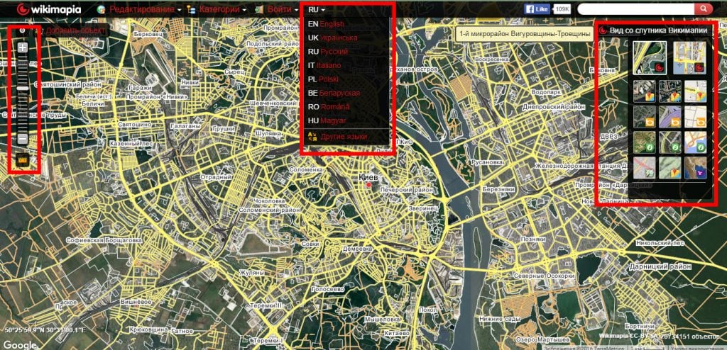 Масштабирование, язык и режим карты в Wikimapia