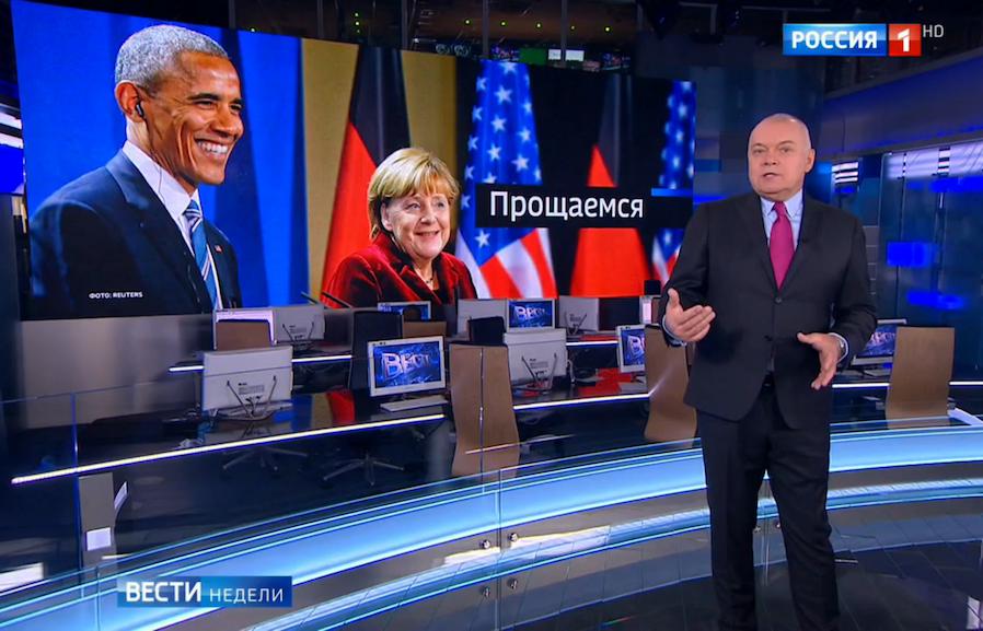 In his weekly news summary show "News of the Week," host Dmitry Kiselyov said that "Obama was throwing his arms about as if he was in the jungle" but later edited that comment out. Vesti Nedeli / YouTube 