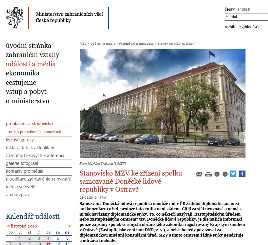 Screenshot of the website mzv.cz