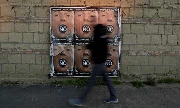  Posters of the Italian prime minister, Matteo Renzi, as the country approaches a constitutional referendum. Renzi’s government has routinely been targeted with false online propaganda. Photograph: Gregorio Borgia/AP 