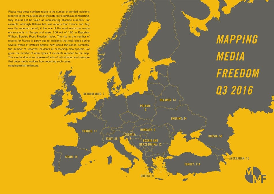 Инфографика: Mapping Media Freedom"измерва свободата на словото" в цяла Европа