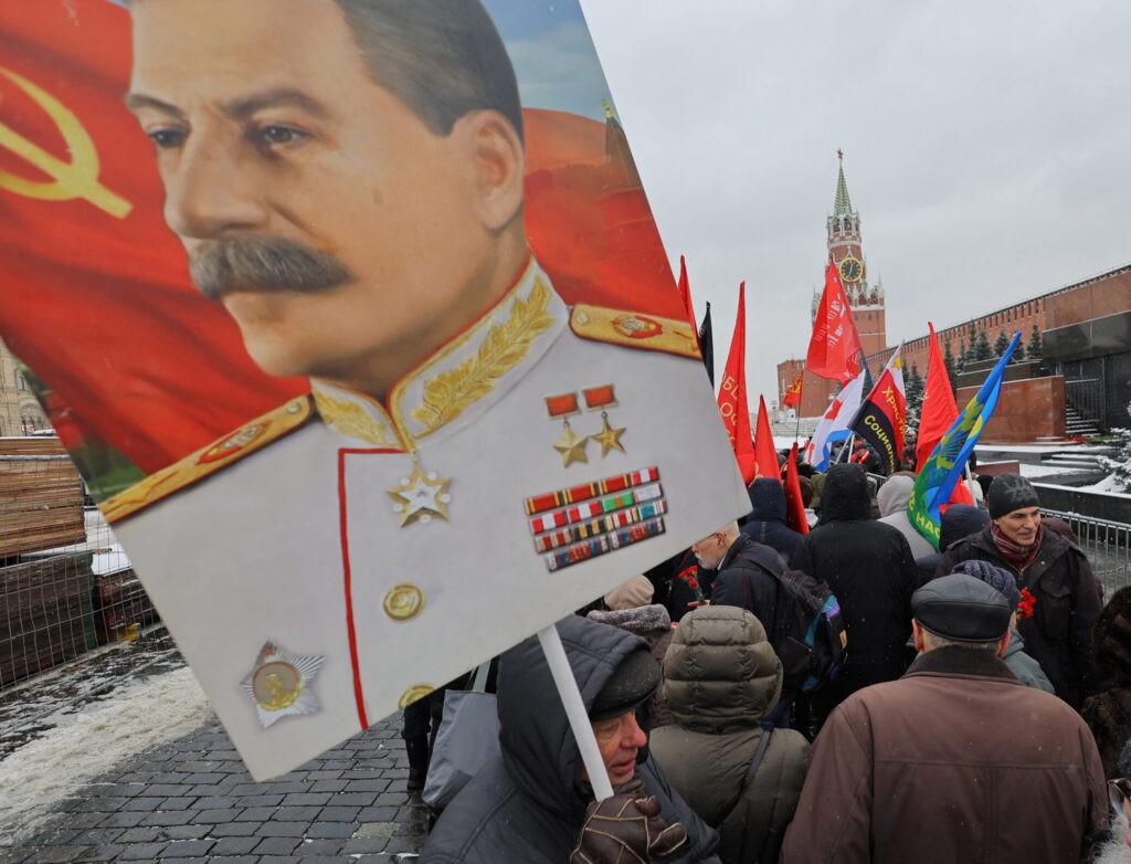 People attend a ceremony marking the anniversary of Soviet leader Josef Stalin's death in Moscow